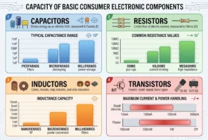 Infographic displays capacities of capacitors, resistors, inductors, and transistors, with various measurement ranges and values.