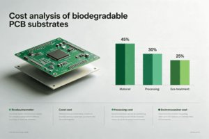 3D rendering of a biodegradable PCB with a bar graph showing costs: 45% material, 30% processing, 25% eco-treatment.