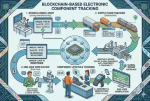 Infographic illustrating blockchain-based electronic component tracking, showing stages from design to end-user verification.