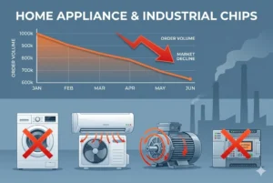 Chart showing decline in chip orders for appliances with illustrations of washing machines, HVAC systems, and industrial buildings.