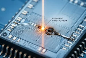 Close-up of circuit board with laser creating a permanent physical break.