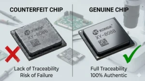 Comparison of counterfeit XY-8088 chip with lack of traceability and genuine chip with full traceability.
