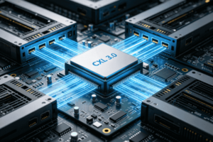CXL 3.0 chip on a circuit board surrounded by hardware connections.