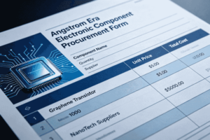 Electronic component procurement form titled Angstrom Era with microchip graphic and details of suppliers and costs.