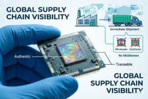 Microchip labeled 'Authentic' held by a gloved hand, with supply chain flowchart showing no middlemen and immediate shipment.
