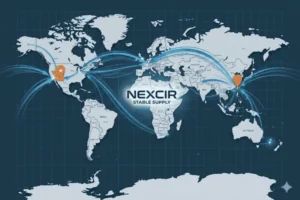World map displaying international trade routes with two highlighted hubs in North America and Asia.