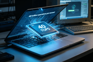 Open laptop displaying a chip with 40 TOPS, signifying high performance.