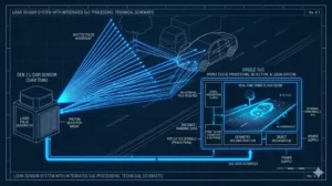 Technical schematic of a Lidar sensor system with integrated SoC processing on a car.