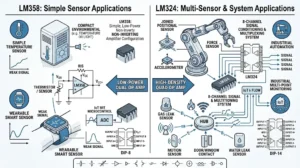 Diagram showcasing LM358 sensor applications like temperature and smart sensors, and LM324 applications in industrial automation and multi-sensor systems.
