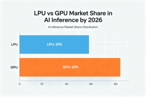 Bar chart showing LPU vs GPU market share in AI inference by 2026: LPU at 35%, GPU at 65%.