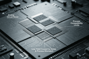 Close-up of microchip highlighting analog circuit noise, low yield, and process compatibility limits.