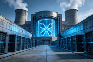 Futuristic nuclear power plant with data servers and glowing radioactive symbol.