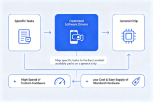 Flowchart showing optimized software drivers connecting specific tasks and general chip with benefits of custom hardware speed and standard hardware cost.