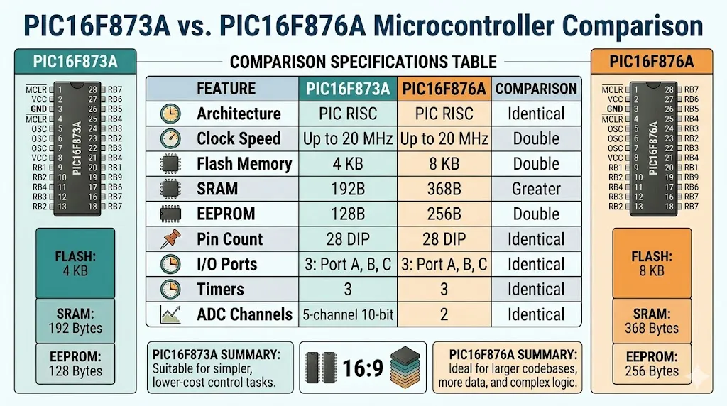PIC16F873A vs PIC16F876A comparison
