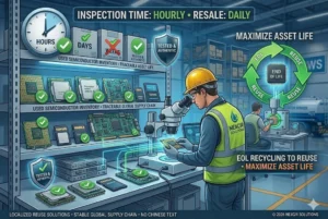 Semiconductor reuse and recycling infographic showcasing processes with a worker inspecting components, featuring Nexcir Solutions.
