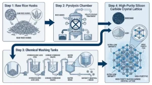 Flowchart illustrating the production of silicon carbide from raw rice husks using pyrolysis and chemical washing.