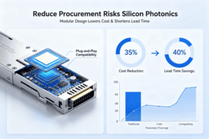 Silicon photonics device with cost savings and lead time reduction graph highlighting plug-and-play compatibility.