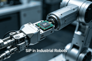 Close-up of a system-in-package chip mounted on a robotic arm in an industrial setting.