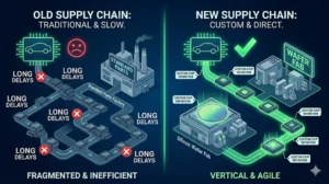 Diagram contrasting old versus new supply chain, highlighting delays in the traditional model and efficiency in the custom model.
