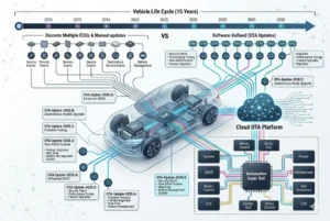 Graph comparing discrete manual ECU updates vs cloud-based OTA software-defined updates over 15 years for vehicle systems.