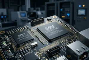Close-up view of ARM Cortex-M7 and ARM Cortex-M33 microcontroller chips integrated on a circuit board in a tech lab.