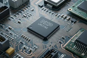 Close-up view of a circuit board featuring NXP LPC1765 microcontroller chip and surrounding electronic components.