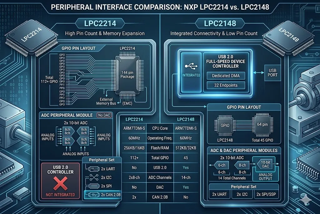 LPC2148 USB Peripherals LPC2214 vs LPC2148 peripherals and USB support