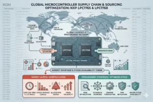 Illustration of global microcontroller supply chain optimization depicting LPC1765 and LPC1768 process flow, sourcing, logistics, and risks.