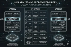 Comparison chart of NXP ARM7TDMI LPC2214 and LPC2148 microcontroller features highlighting memory, core, connectivity, and applications.