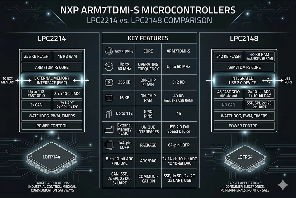 LPC2214 vs LPC2148 LPC2214 vs LPC2148 ARM7 microcontroller comparison