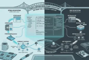 Diagram comparing STM32 and NXP MCU development ecosystems, including tools, software, community support, and hardware components.