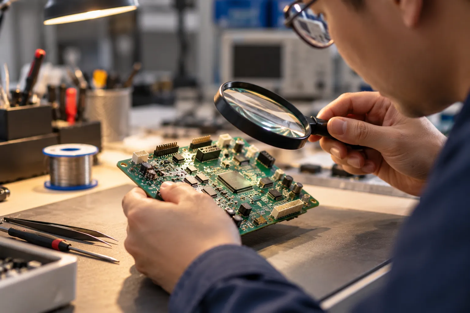 An engineer inspecting an assembled circuit board with a magnifier