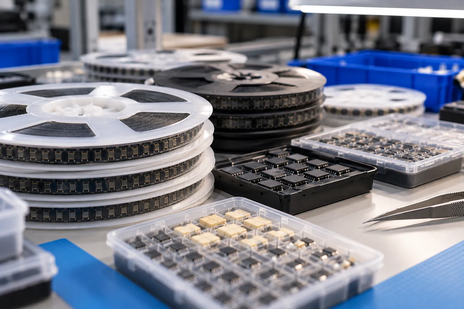 SMD reels and component trays arranged on a workbench