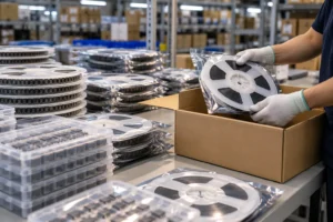 Worker wearing gloves placing electronic component reels in a cardboard box, surrounded by neatly stacked reels and trays in a warehouse.