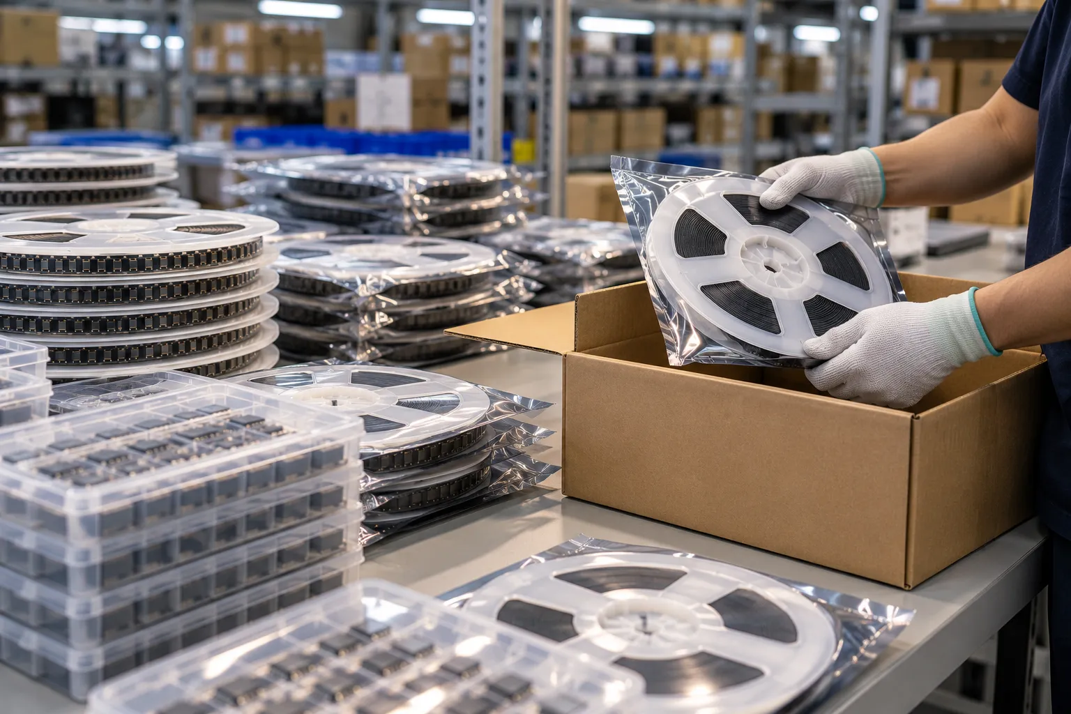 SMD reels and component trays in a packing area