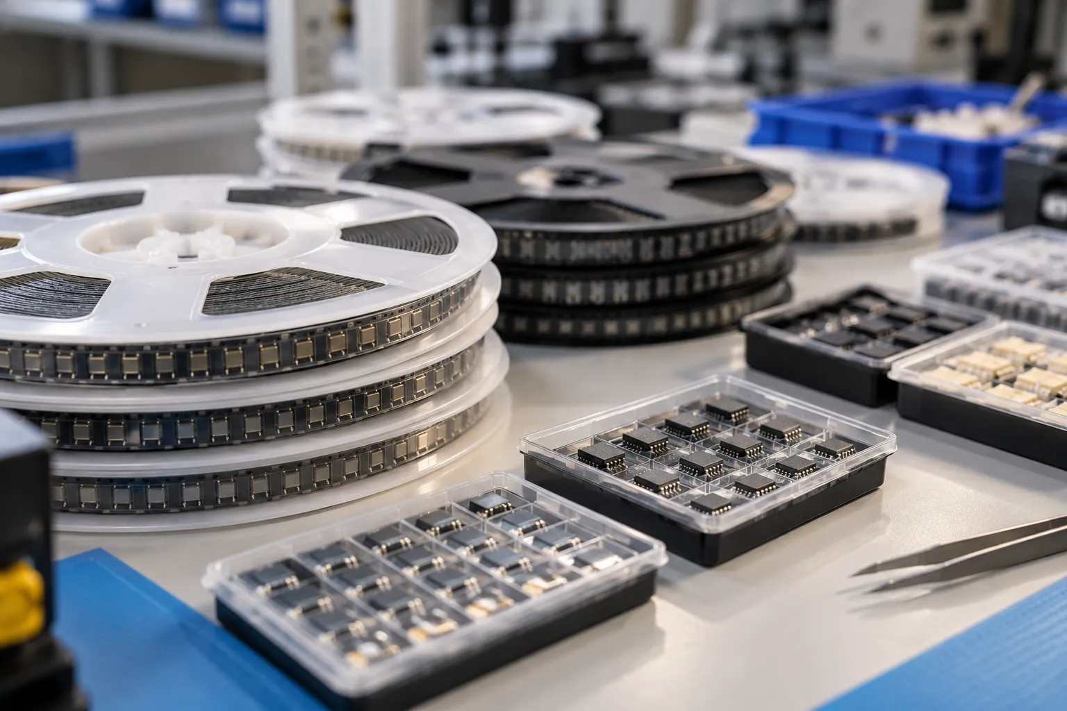 SMD reels and component trays arranged on a workbench