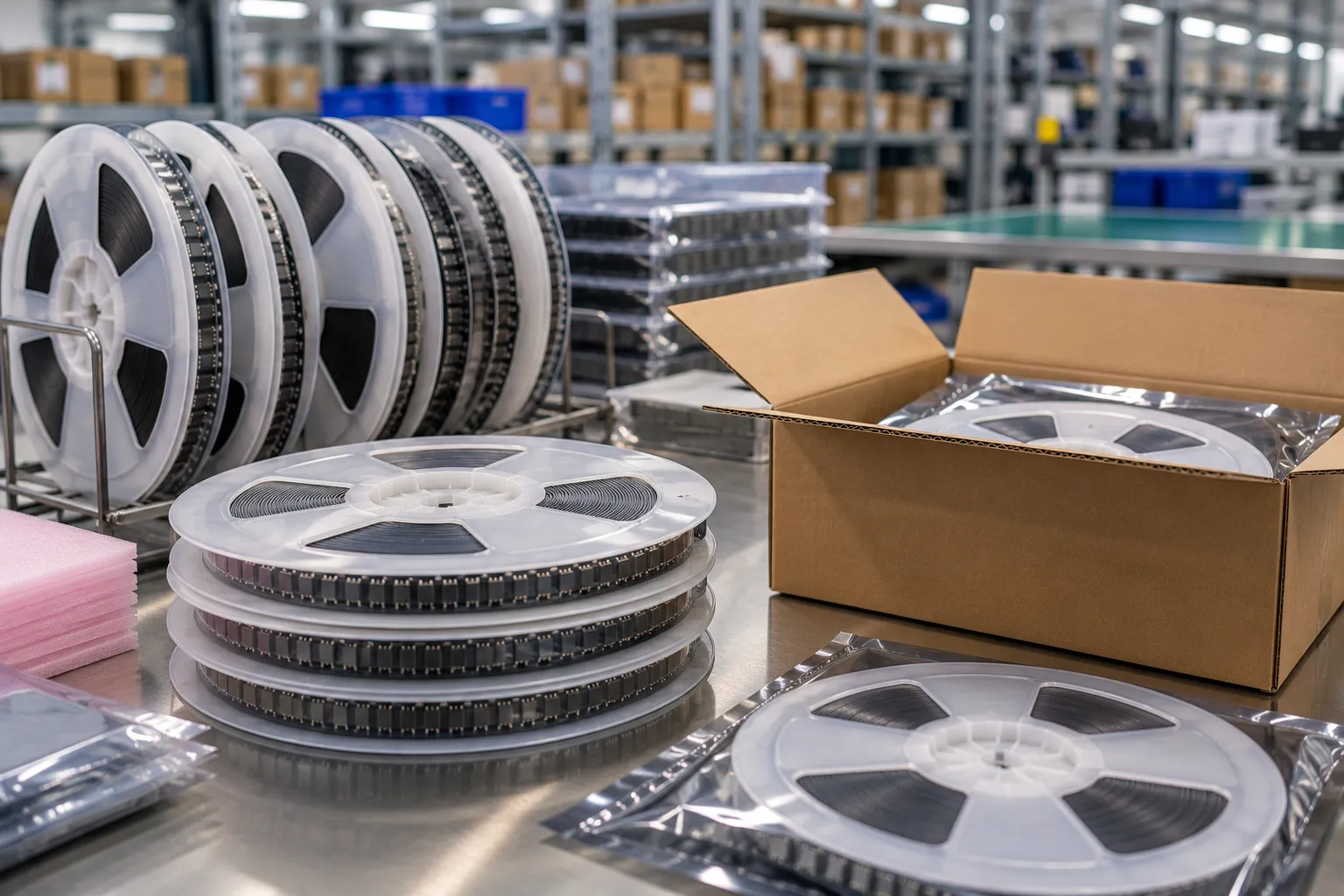 Reels of tape-packed components on a packing bench