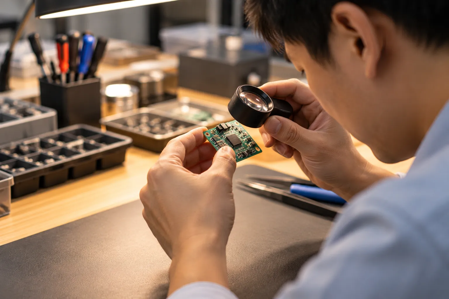 Engineer inspecting a board with a magnifier