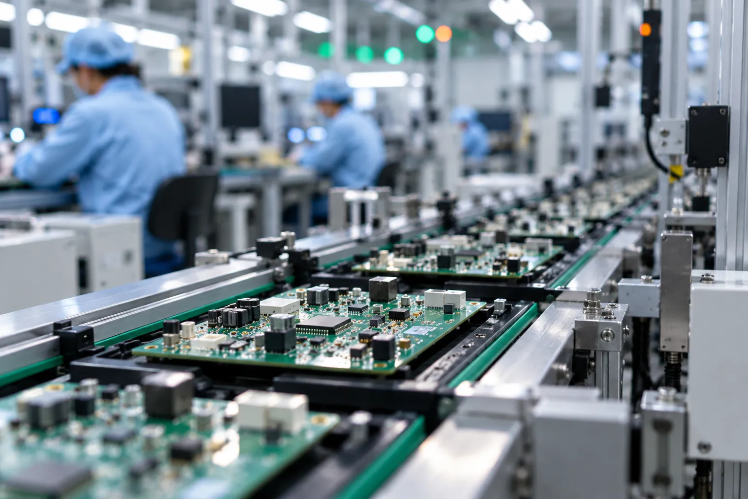 Board assemblies moving along a production line