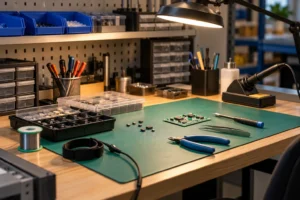 A well-organized electronics workbench with tools, components, a circuit board, and soldering equipment under a lamp light.