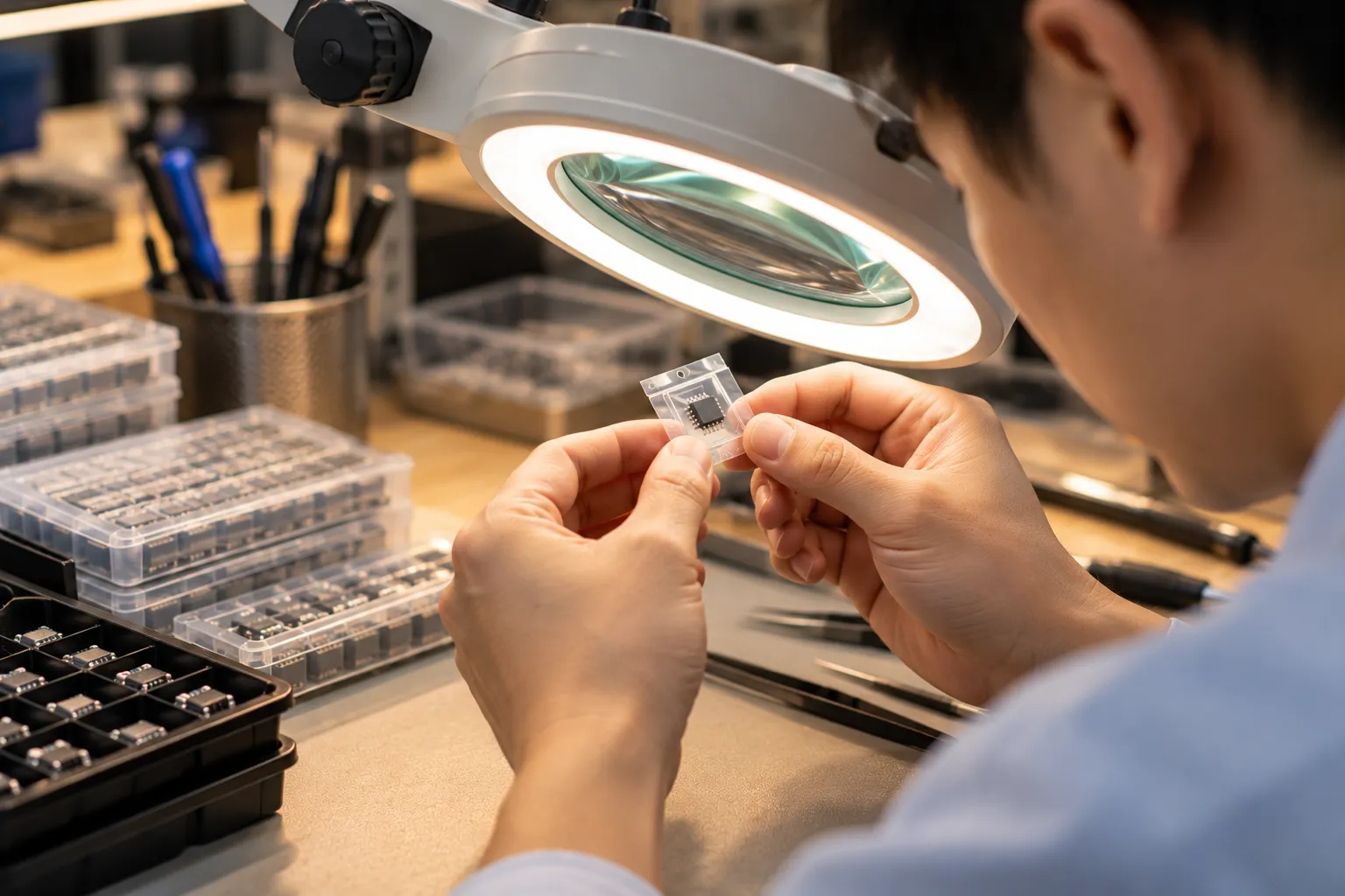 An engineer inspecting a packaged microcontroller under a bench magnifier