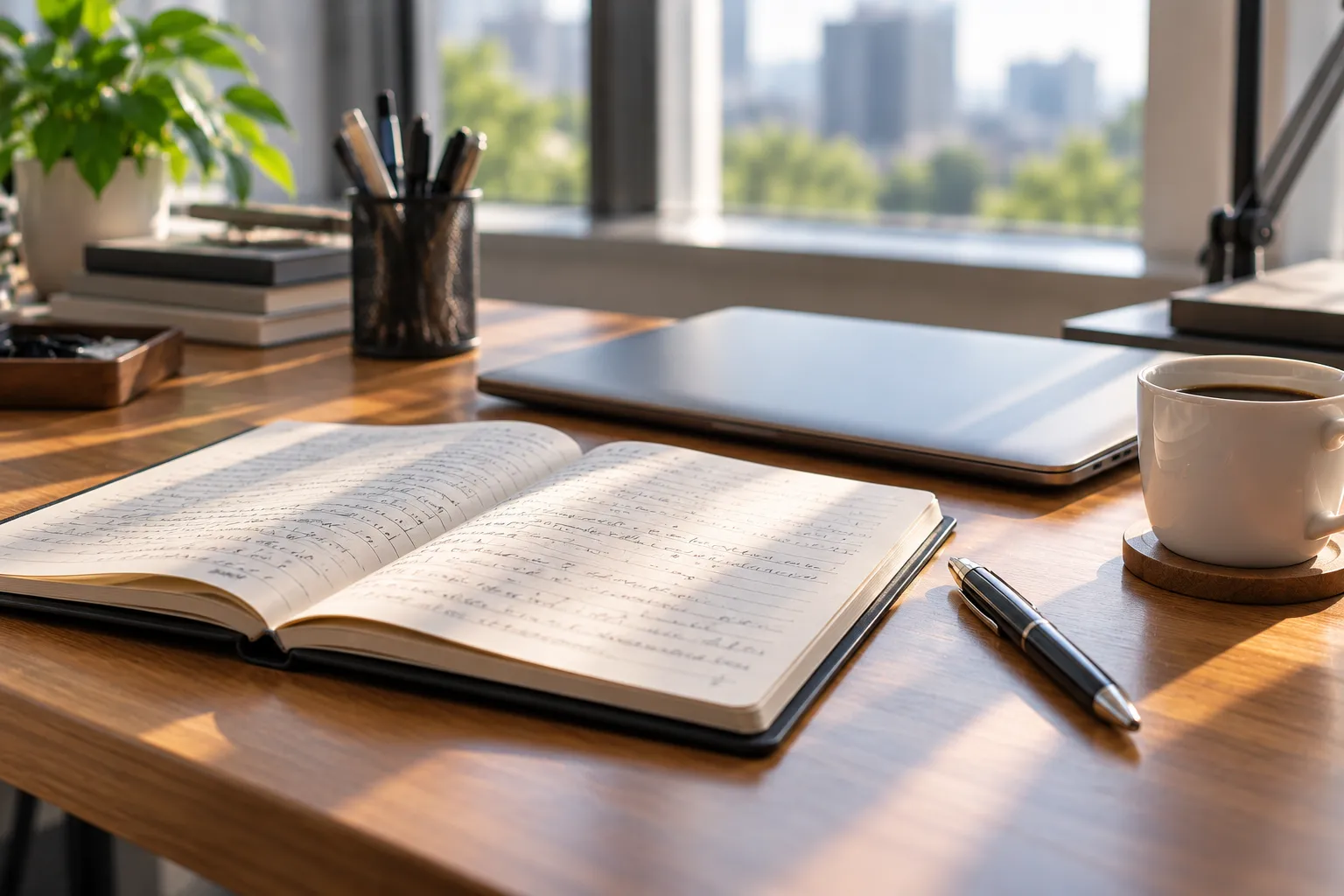 Notebook with handwritten memory notes on a desk