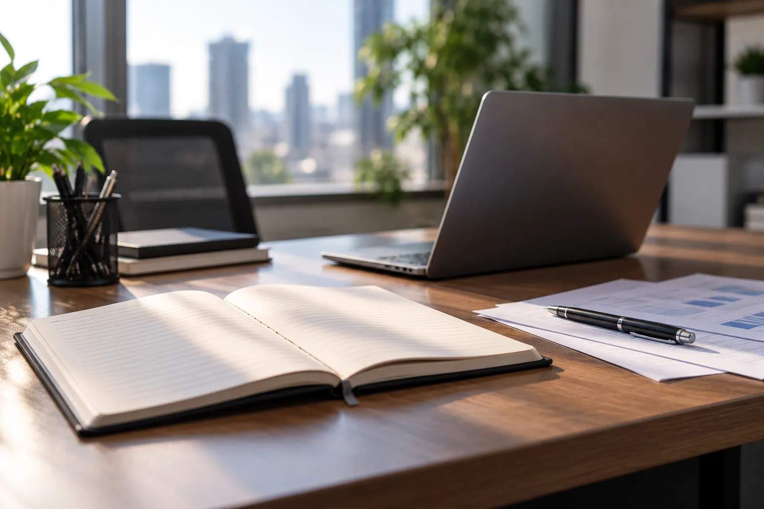 A desk with an open notebook, a laptop and printed component lists