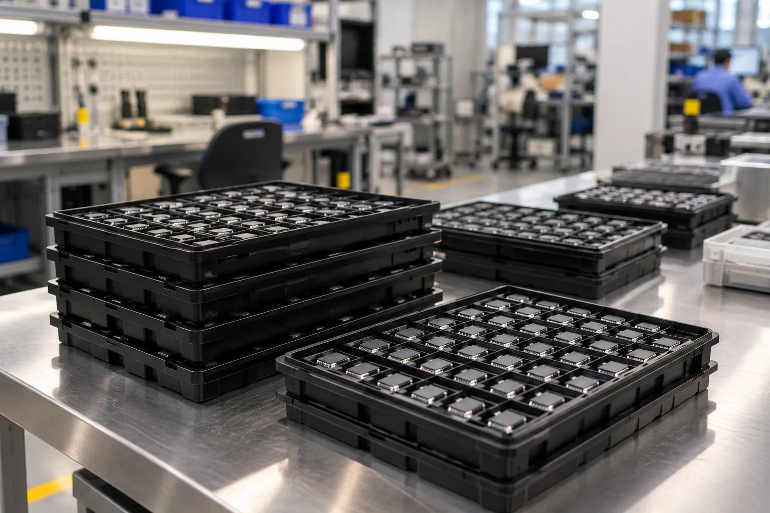 Trays of packaged components stacked on an assembly workbench