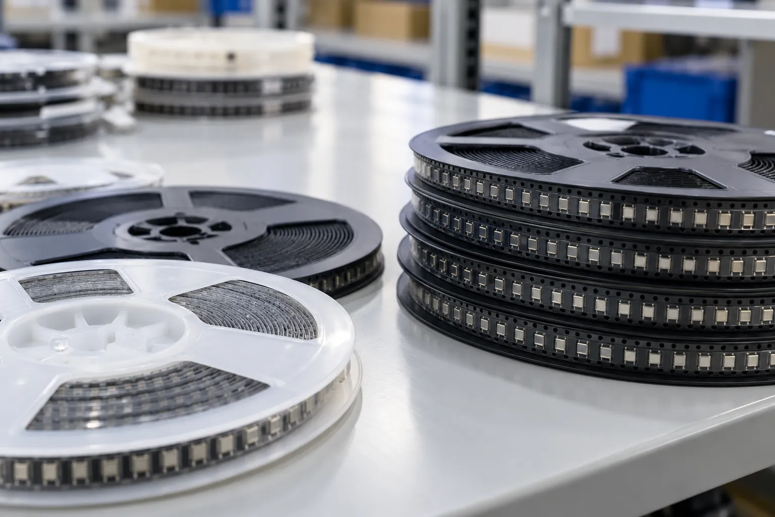 Reels of surface-mount components on a counting table