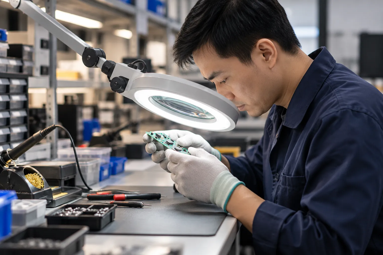 A technician inspecting a small circuit board with a magnifier at a bench