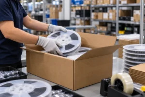 Worker wearing gloves placing reels of products into a cardboard box in a warehouse environment with shelves in the background.