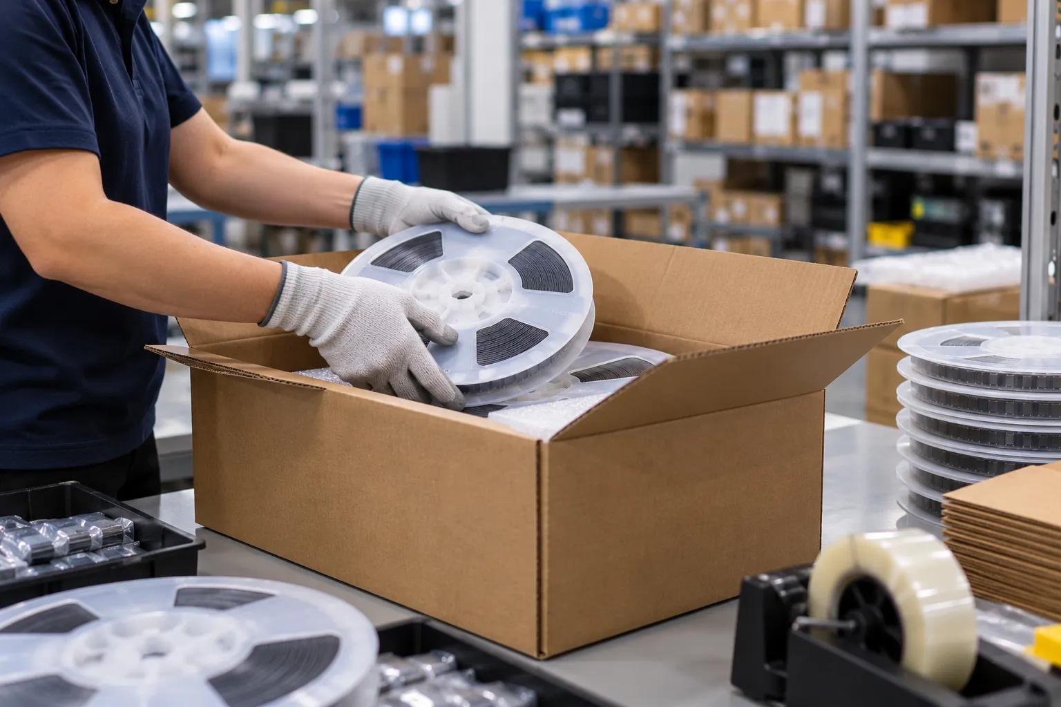 Packing and labelling of component reels at a warehouse bench