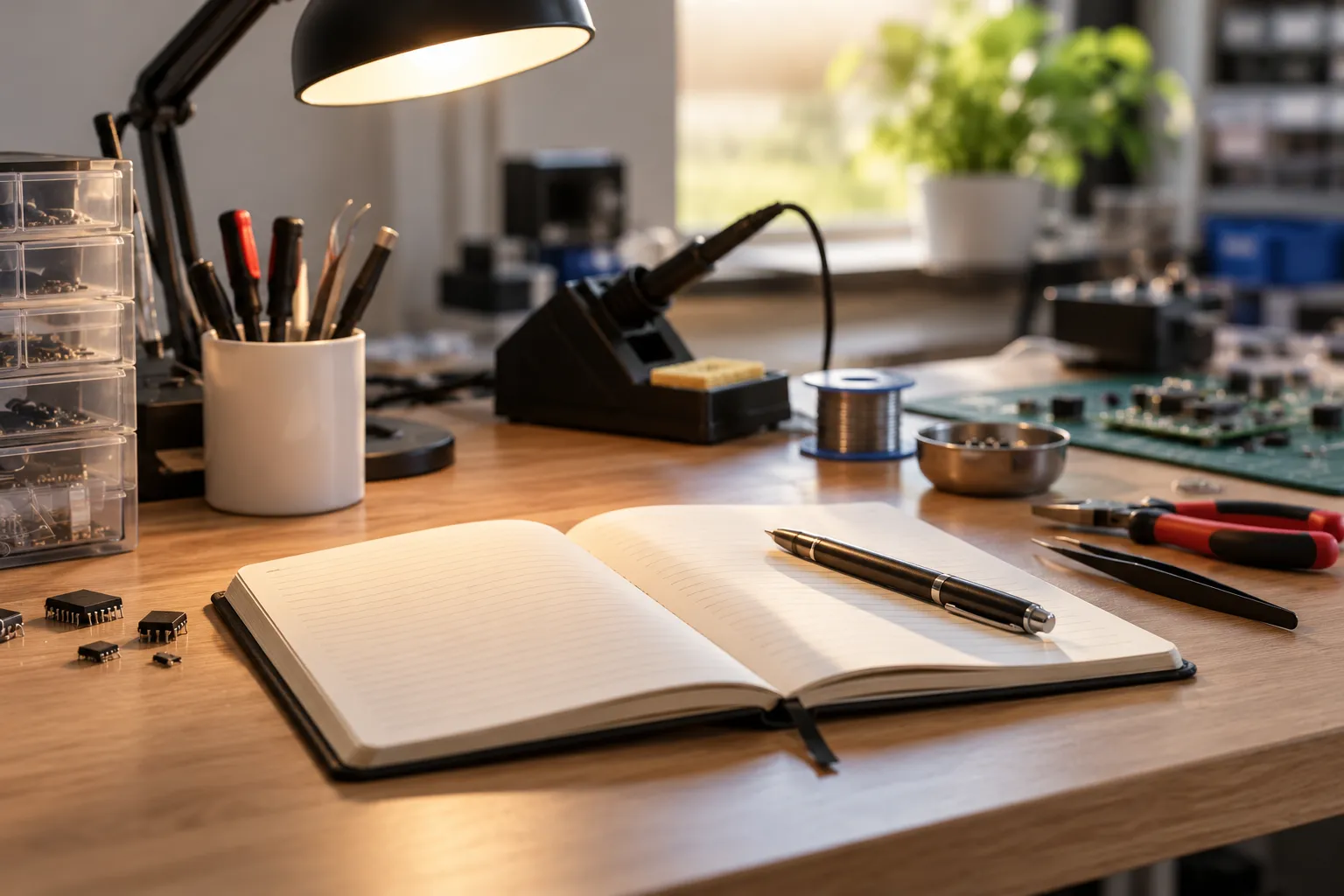 A notebook and hand tools on an engineering workbench