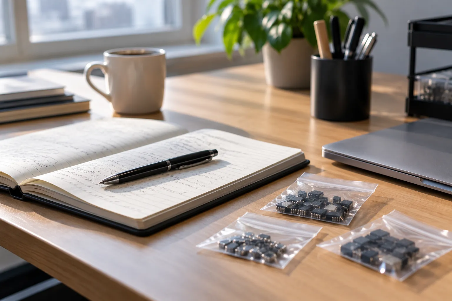A desk with a notebook, a pen and component sample bags